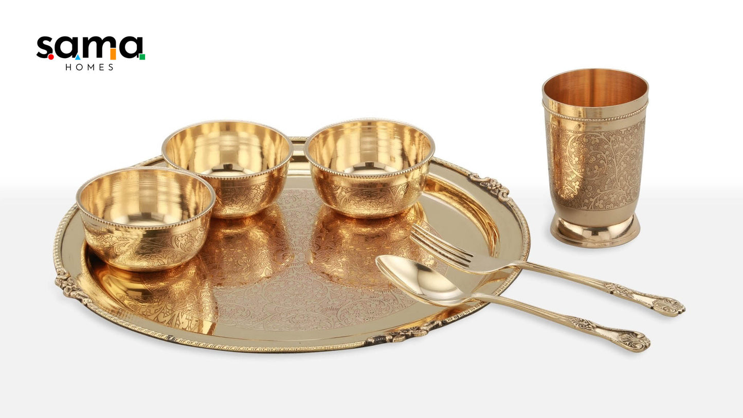 7-Piece Brass Etched Dinner Set | Handcrafted Traditional Tableware for Healthy Living | Eco-Friendly Dining Essentials - Sama Homes
