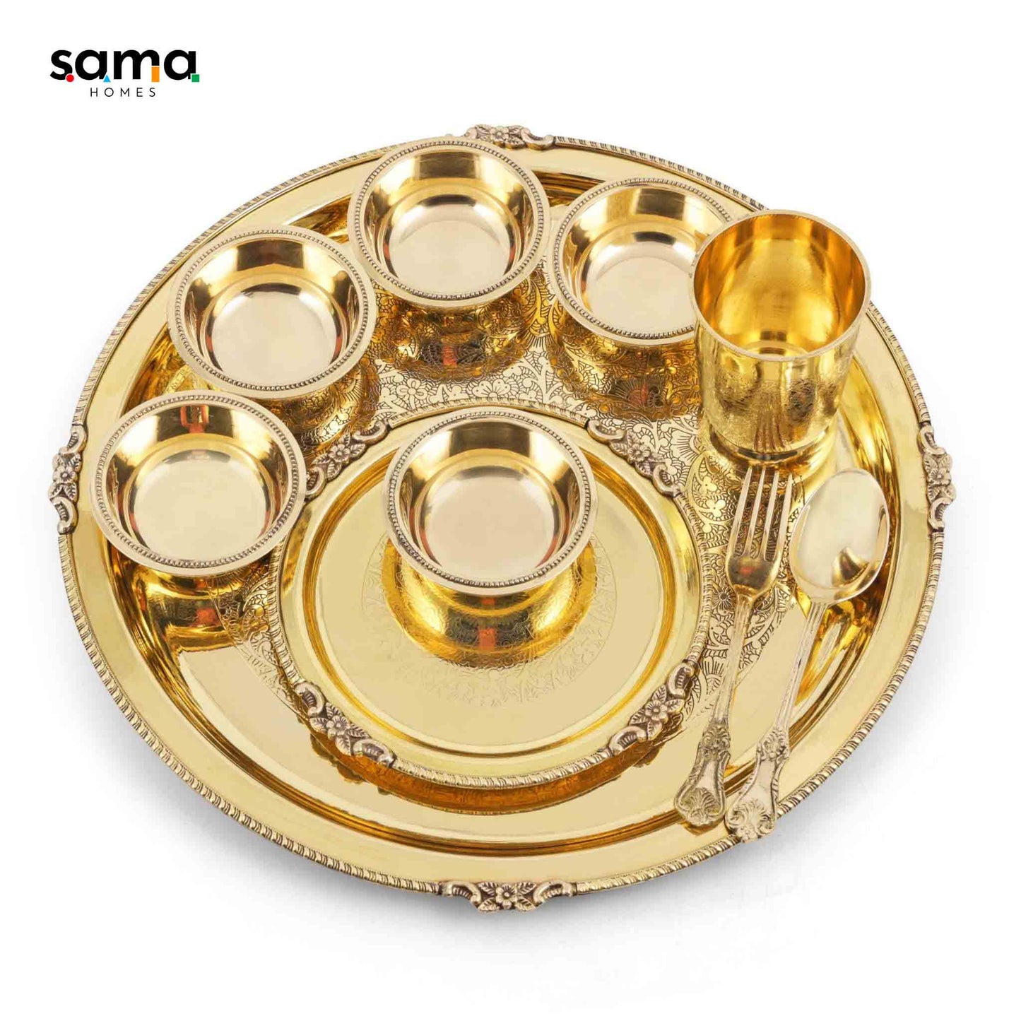 Pure Brass Etched Dinner Set of 10 Pieces - Sama Homes