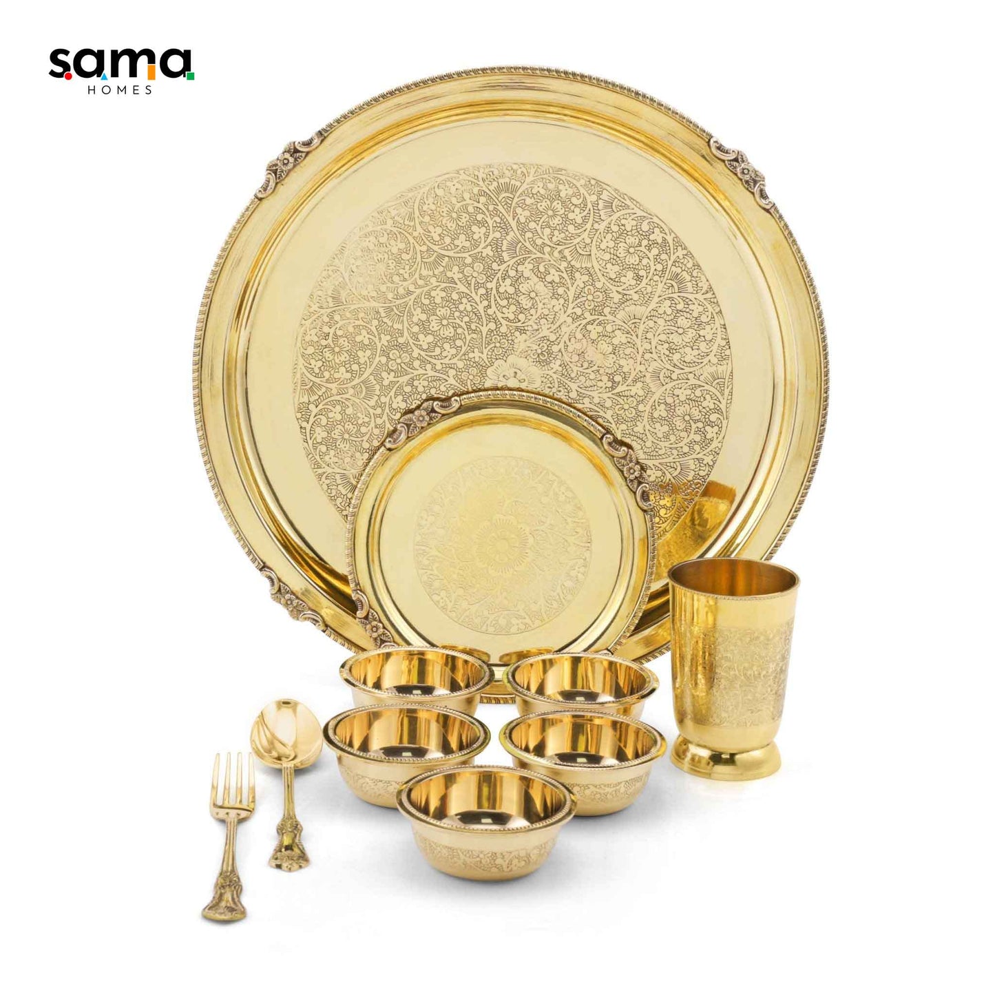 Pure Brass Etched Dinner Set of 10 Pieces - Sama Homes