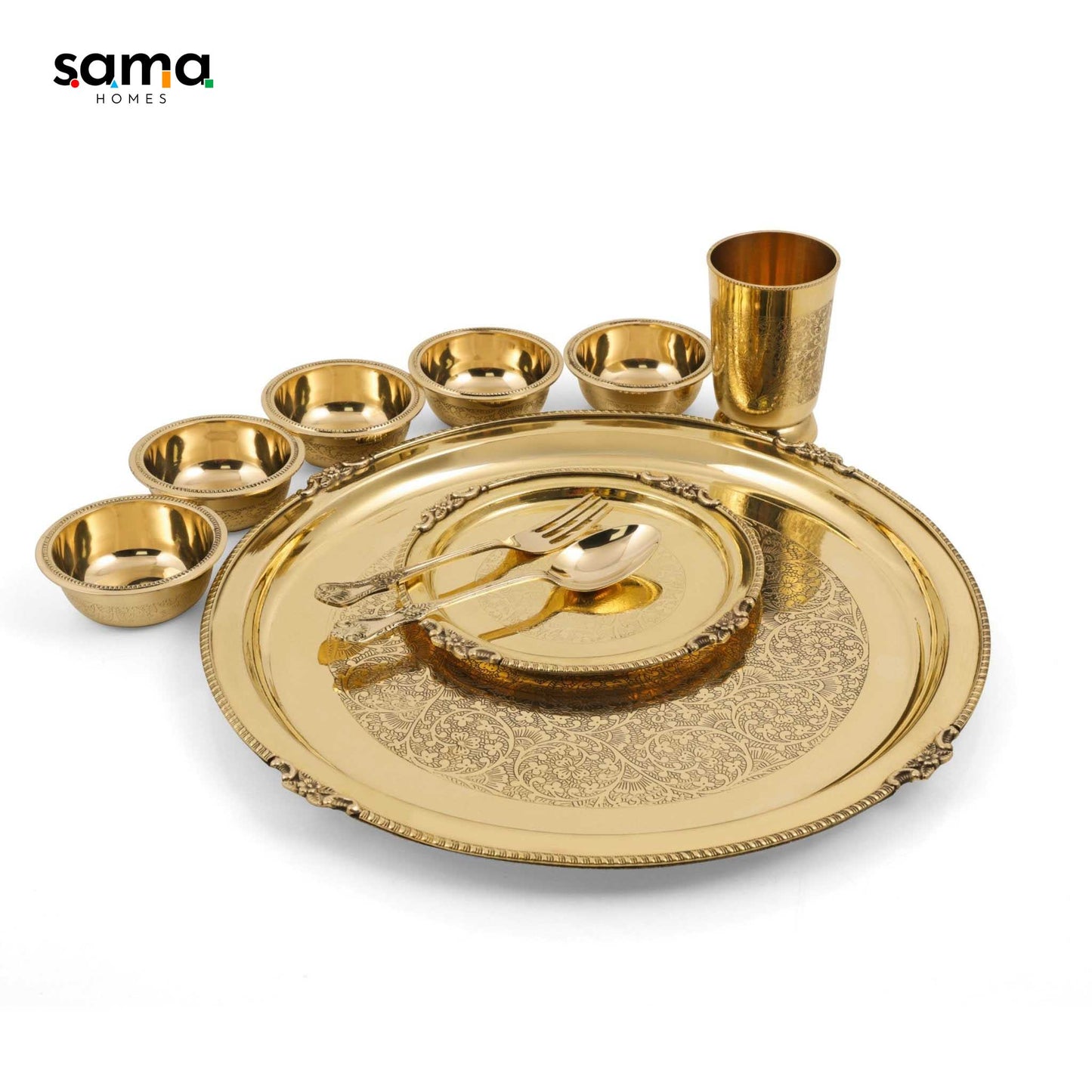 Pure Brass Etched Dinner Set of 10 Pieces - Sama Homes