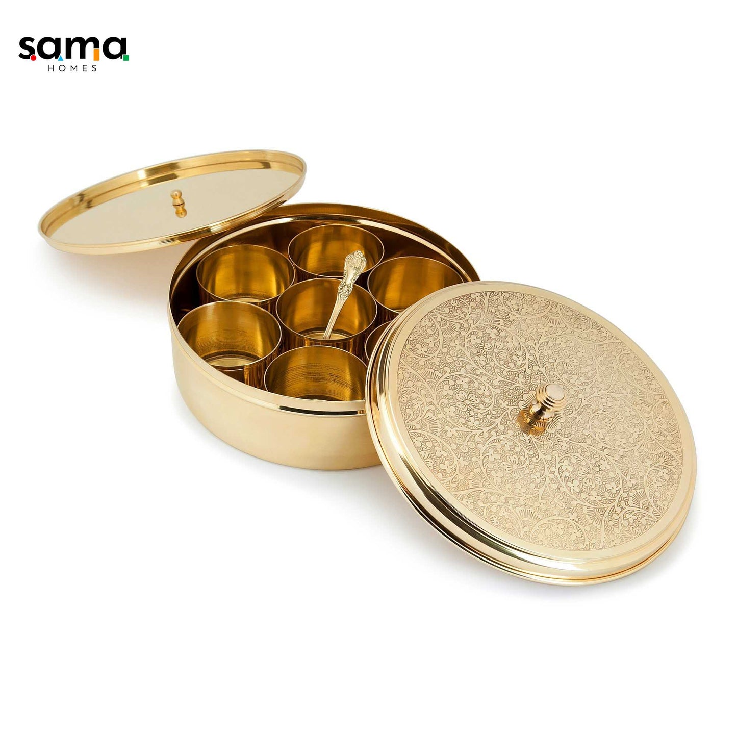 Sama Homes Beautiful Antique Brass Etched Spice Box/Masala box 9" with 7 detachable containers - Sama Homes