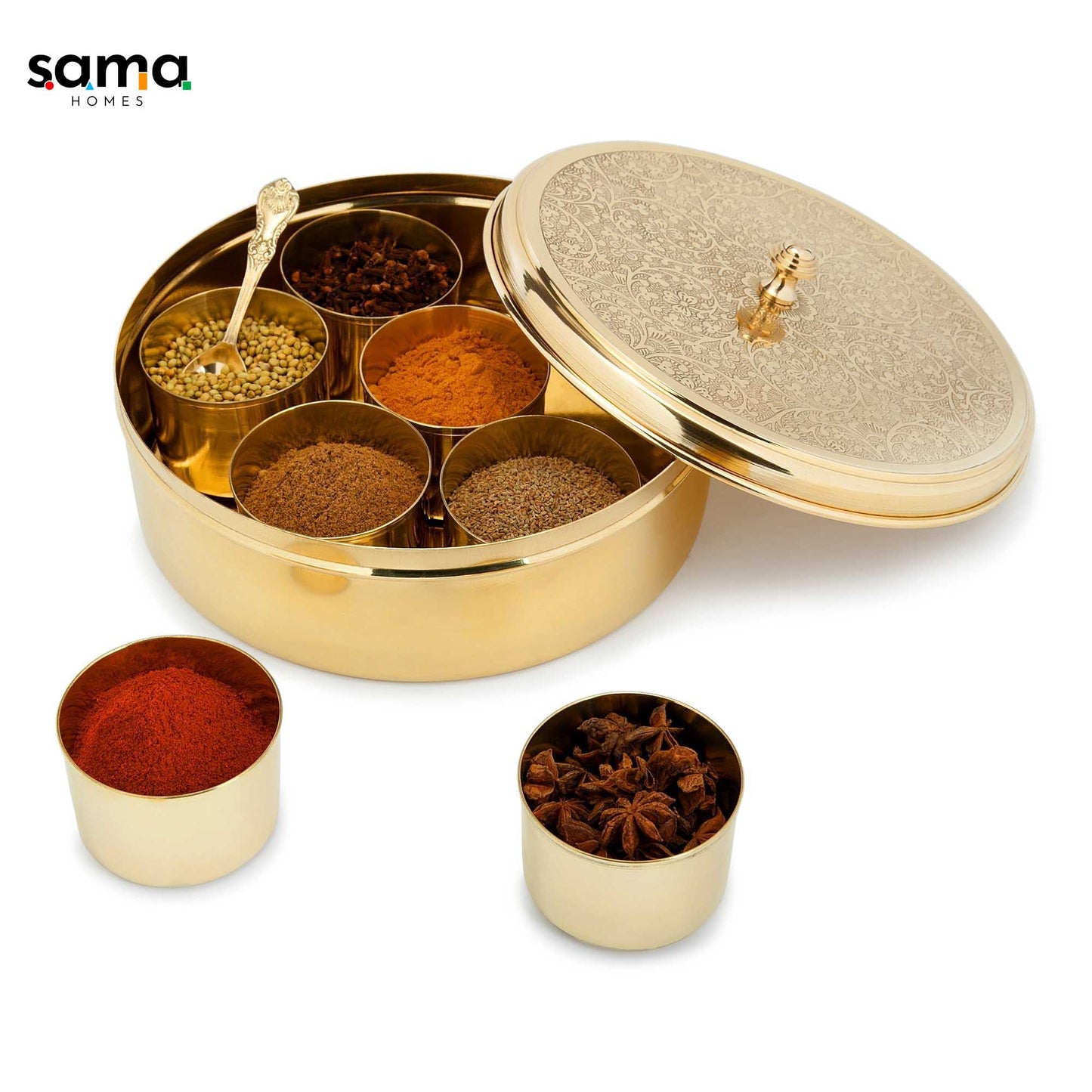 Sama Homes Beautiful Antique Brass Etched Spice Box/Masala box 9" with 7 detachable containers - Sama Homes