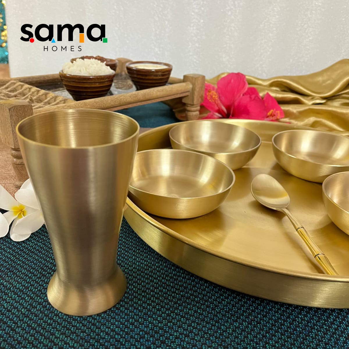 7-Piece Brass Thali Set | Traditional Indian Dining | Gujarati-Style Reusable Dinnerware - Sama Homes