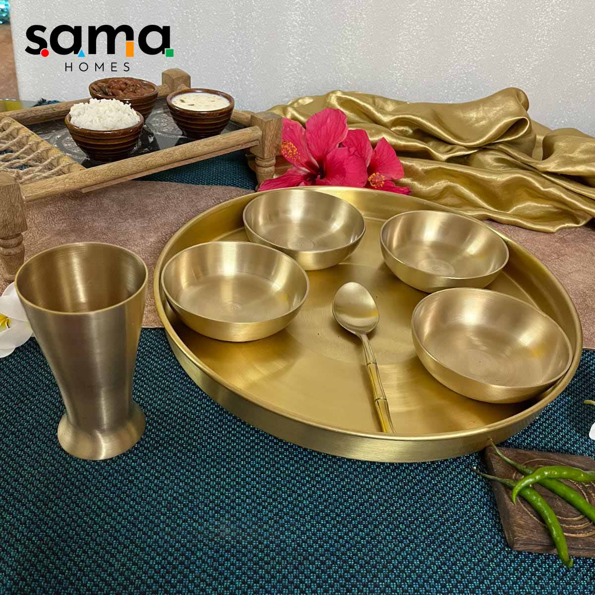 7-Piece Brass Thali Set | Traditional Indian Dining | Gujarati-Style Reusable Dinnerware - Sama Homes