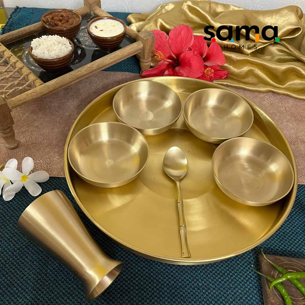 7-Piece Brass Thali Set | Traditional Indian Dining | Gujarati-Style Reusable Dinnerware - Sama Homes