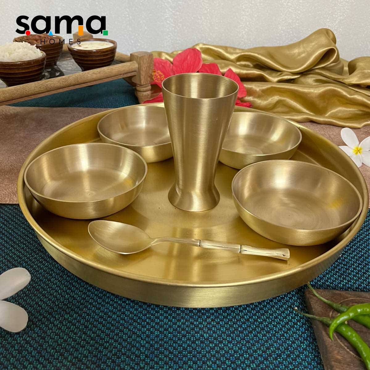 7-Piece Brass Thali Set | Traditional Indian Dining | Gujarati-Style Reusable Dinnerware - Sama Homes
