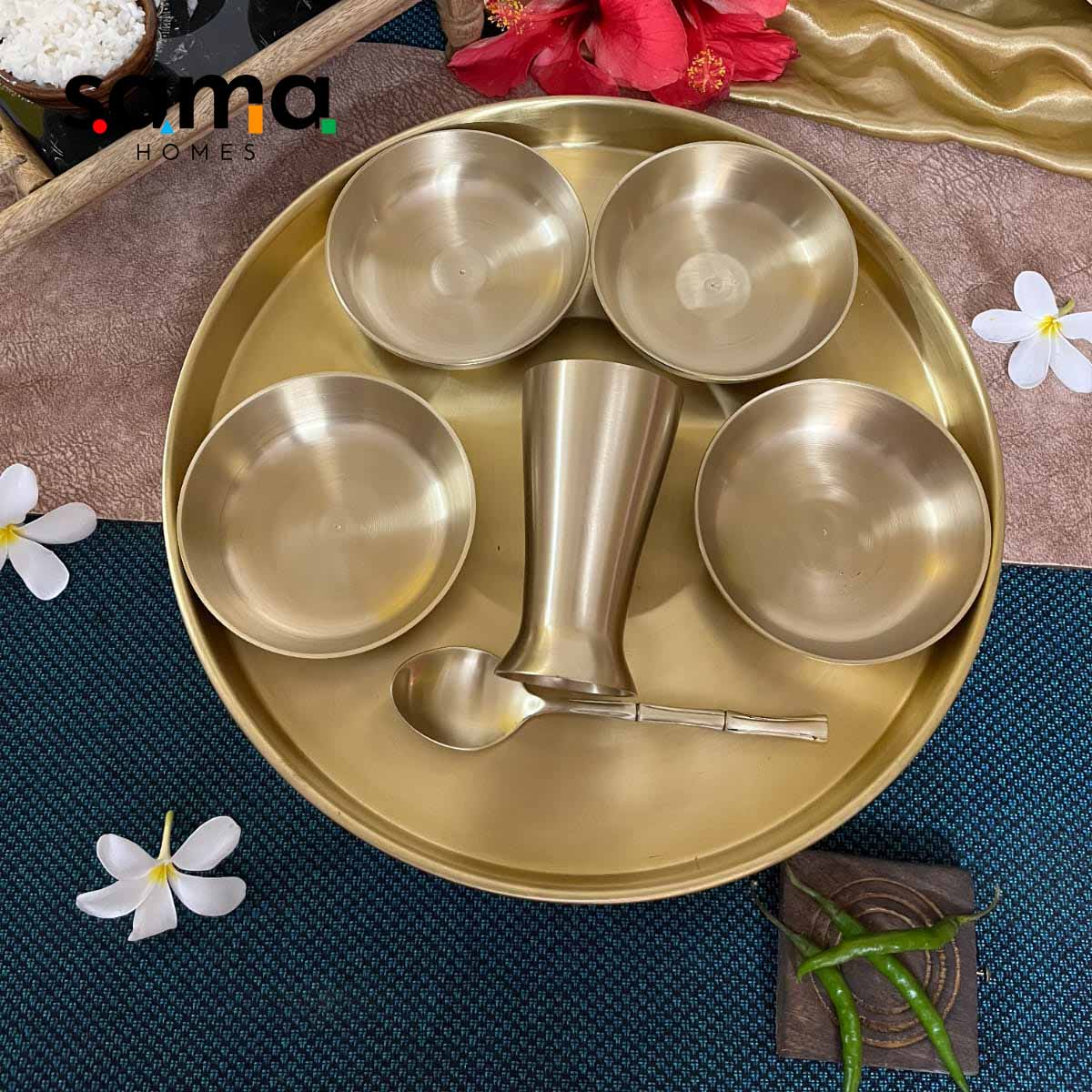 7-Piece Brass Thali Set | Traditional Indian Dining | Gujarati-Style Reusable Dinnerware - Sama Homes