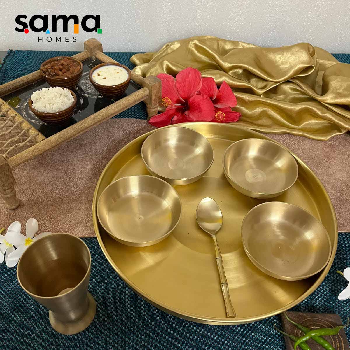 7-Piece Brass Thali Set | Traditional Indian Dining | Gujarati-Style Reusable Dinnerware - Sama Homes