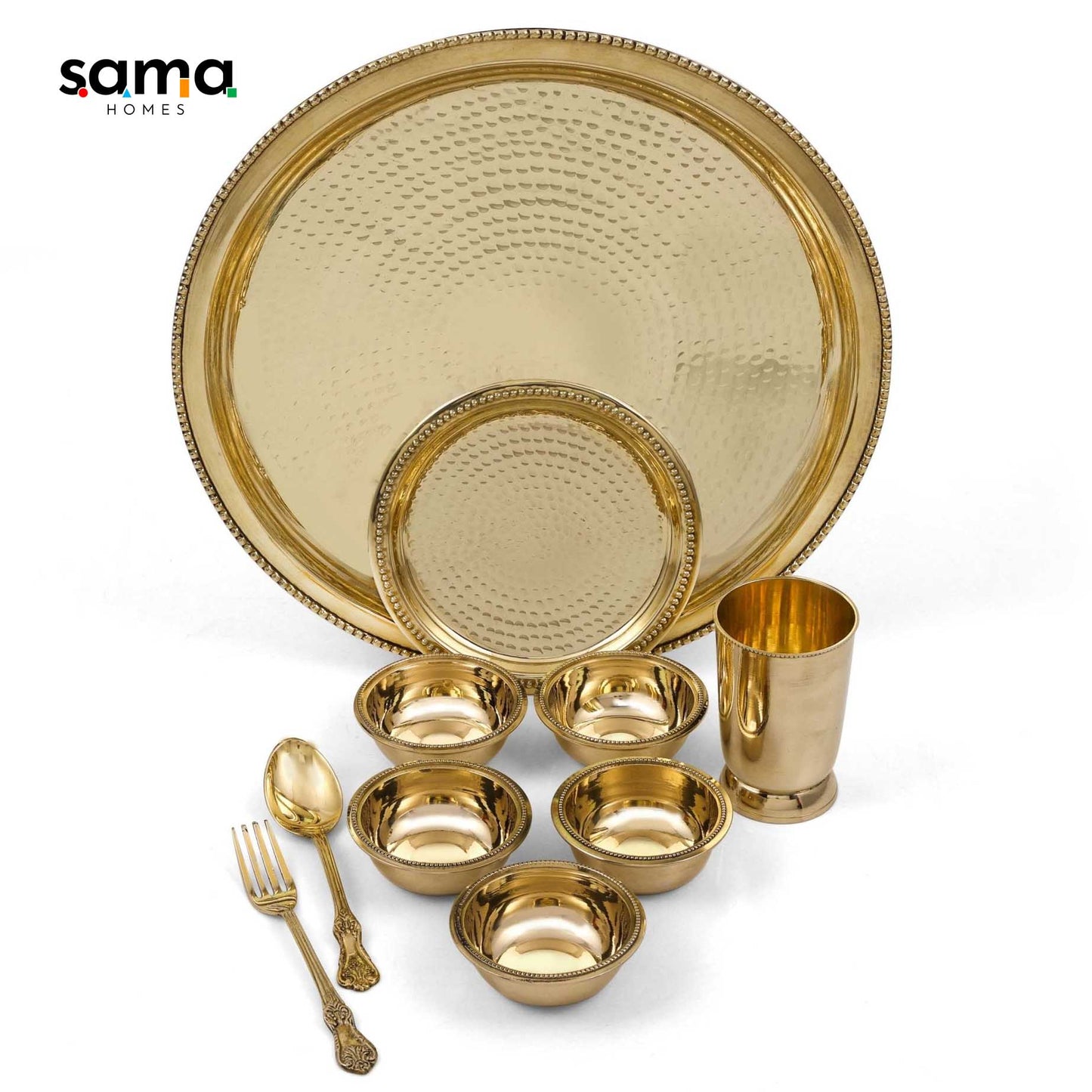 Handcrafted Brass Hammered Dinner Set for 5 | Rustic Farmhouse Tableware | Unique Copper Dinnerware | 10-Piece Set - Sama Homes