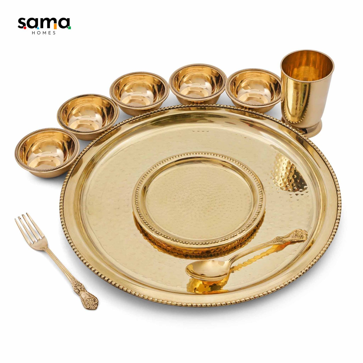 Handcrafted Brass Hammered Dinner Set for 5 | Rustic Farmhouse Tableware | Unique Copper Dinnerware | 10-Piece Set - Sama Homes