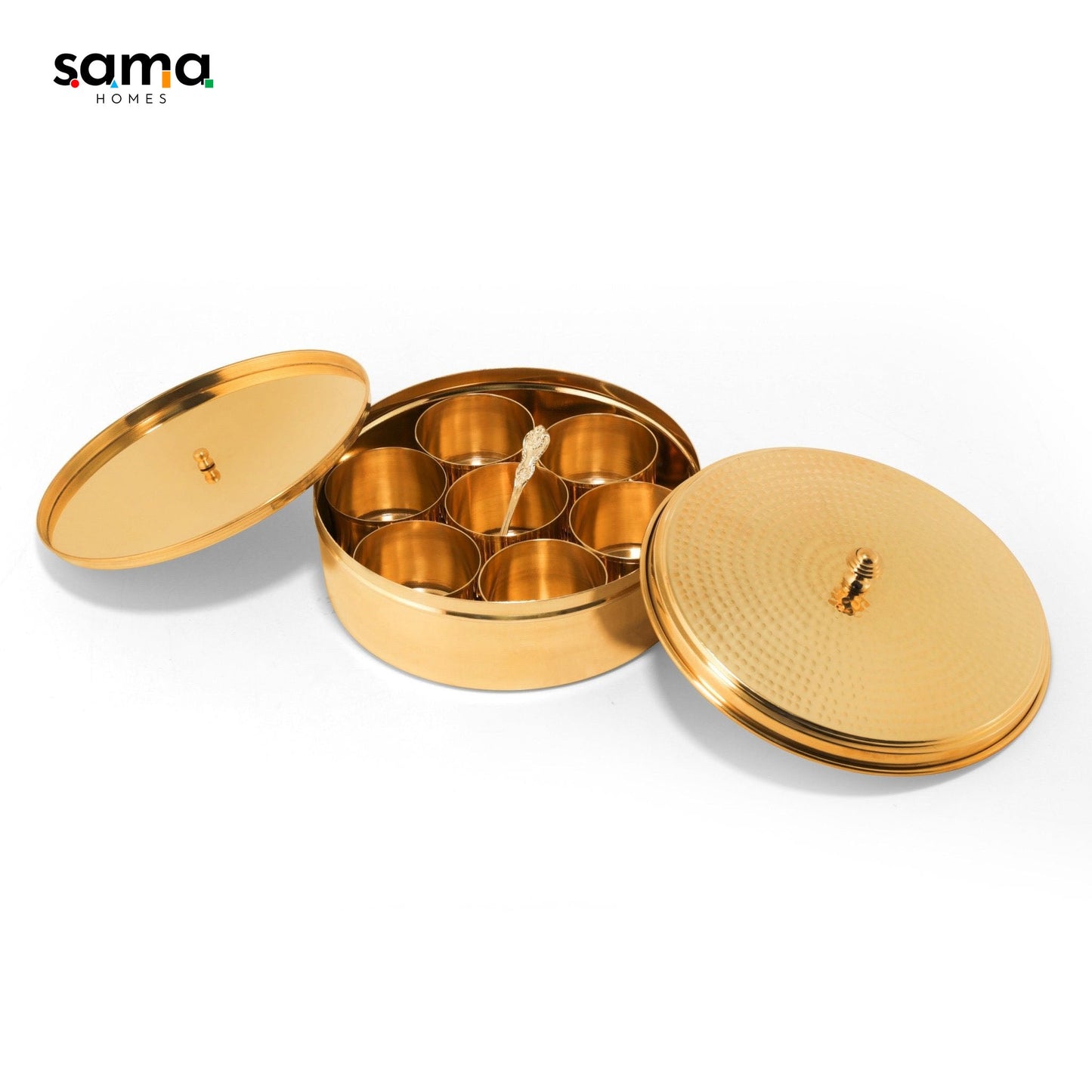 Brass Hammered Spices Box/Masala Box 9" with 7 Compartments - Sama Homes