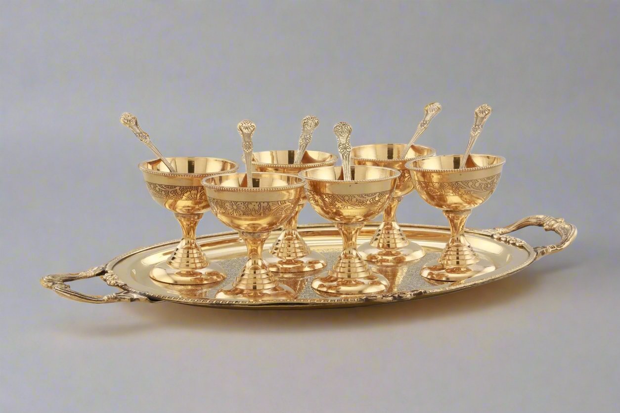 Brass Ice Cream Serving Set | 6 Bowls with Spoon and Serving Plate | Set of 13 Pieces - Sama Homes
