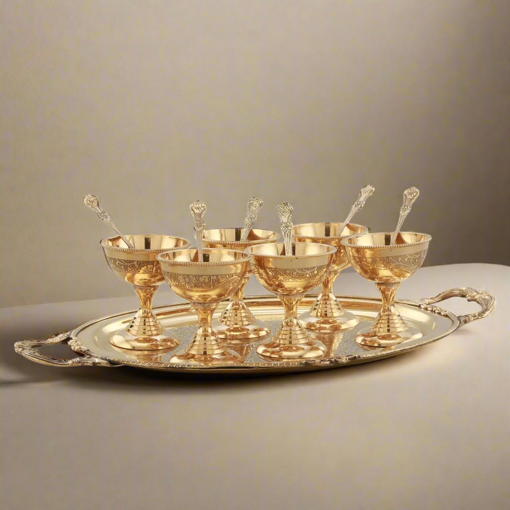 Brass Ice Cream Serving Set | 6 Bowls with Spoon and Serving Plate | Set of 13 Pieces - Sama Homes