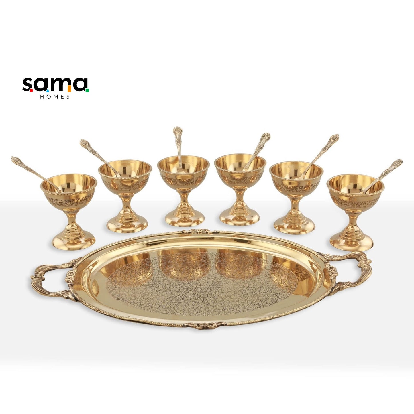 Brass Ice Cream Serving Set | 6 Bowls with Spoon and Serving Plate | Set of 13 Pieces - Sama Homes