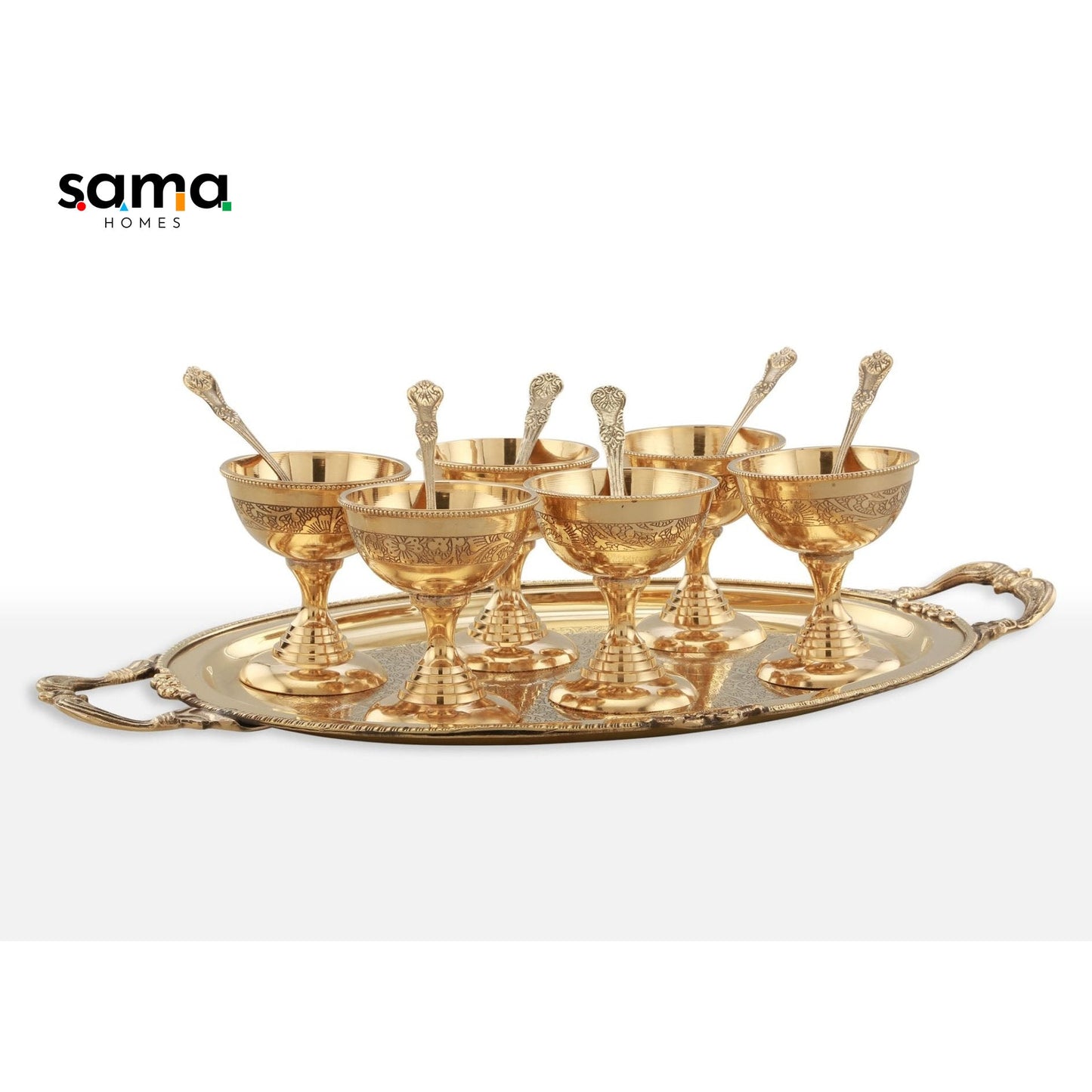 Brass Ice Cream Serving Set | 6 Bowls with Spoon and Serving Plate | Set of 13 Pieces - Sama Homes