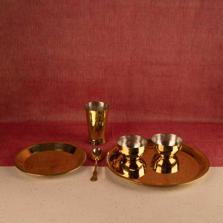 Brass Plate Set - 6 Pieces | Includes Full Plate, Quarter Plate, 2 Bowls, Glass & Spoon | Handcrafted Eco-Friendly Indian Dining Set - Sama Homes
