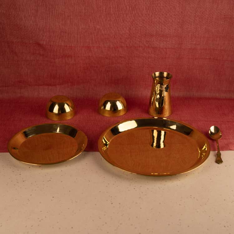 Brass Plate Set - 6 Pieces | Includes Full Plate, Quarter Plate, 2 Bowls, Glass & Spoon | Handcrafted Eco-Friendly Indian Dining Set - Sama Homes