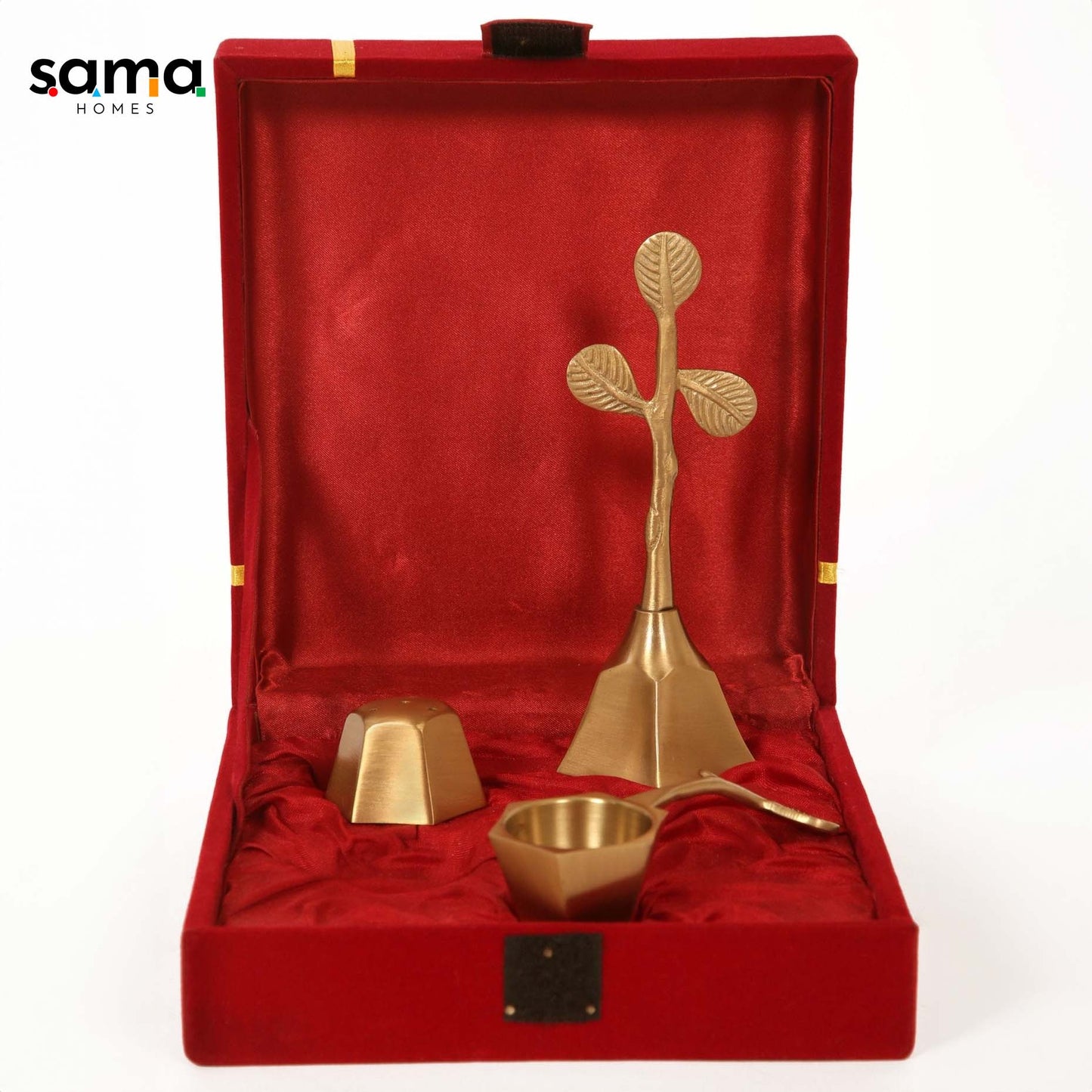 Brass Pooja Set Matte Finish with Velvet Box - Sama Homes