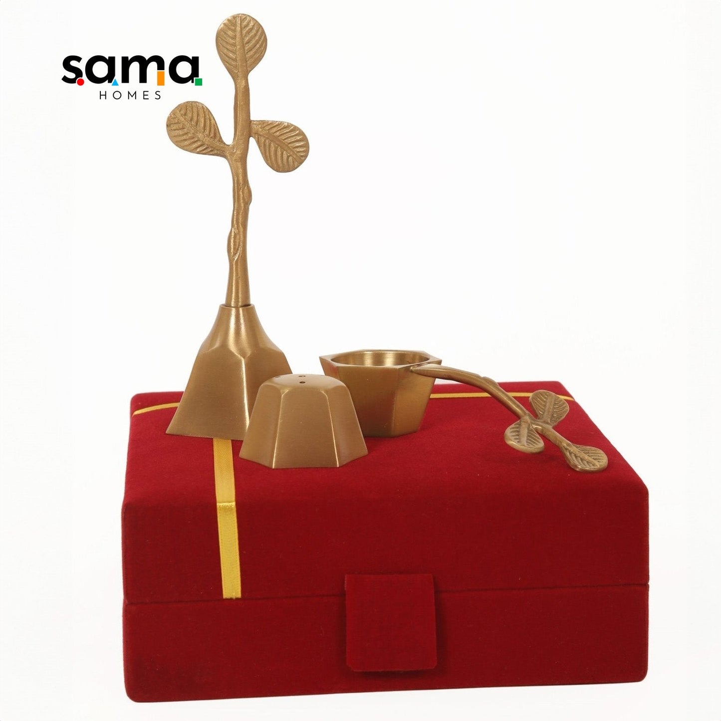 Brass Pooja Set Matte Finish with Velvet Box - Sama Homes