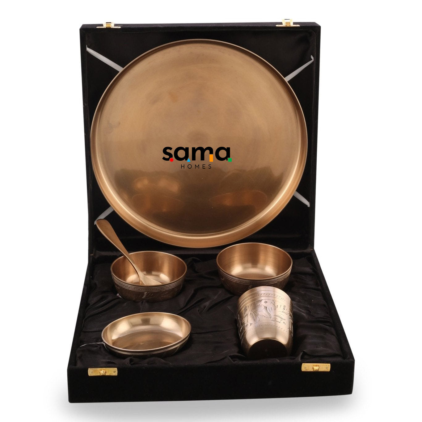Bronze / Kansa Engraved Dinner Set Matte Finish with Velvet Box - Sama Homes