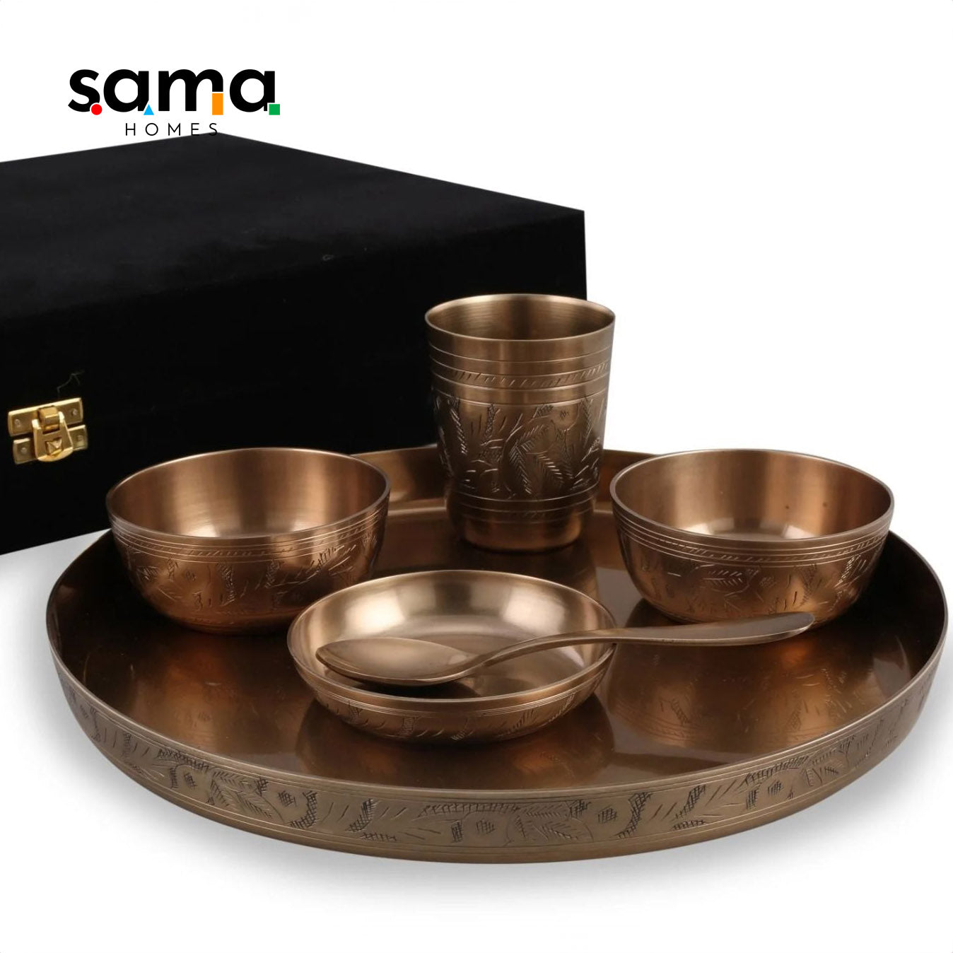 Bronze / Kansa Engraved Dinner Set Matte Finish with Velvet Box - Sama Homes