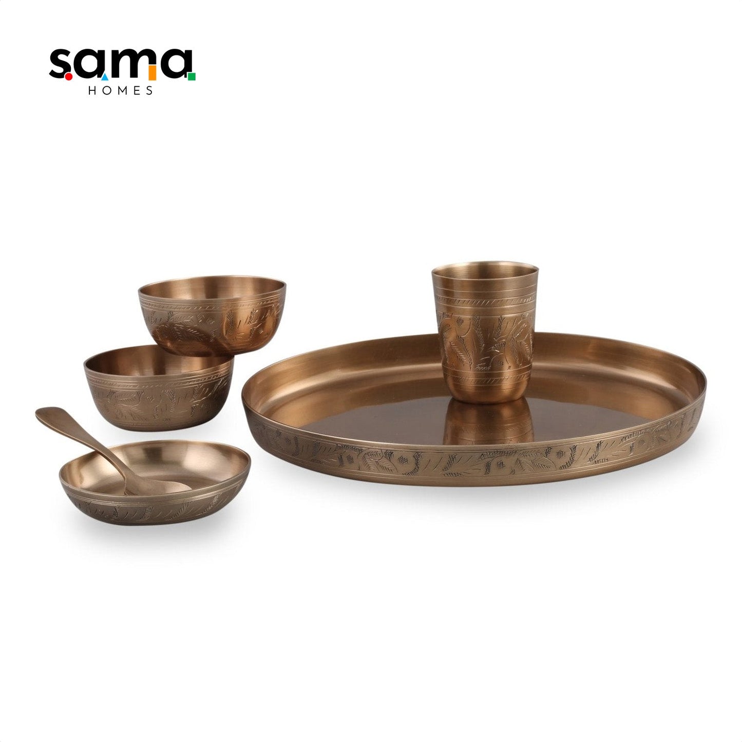 Bronze / Kansa Engraved Dinner Set Matte Finish with Velvet Box - Sama Homes