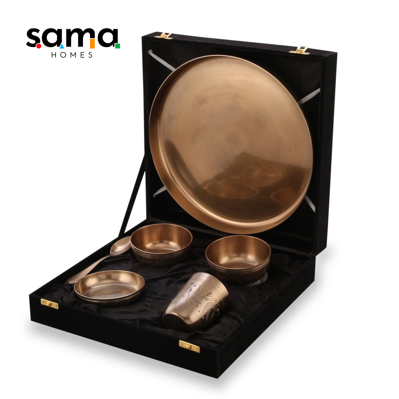 Bronze / Kansa Engraved Dinner Set Matte Finish with Velvet Box - Sama Homes