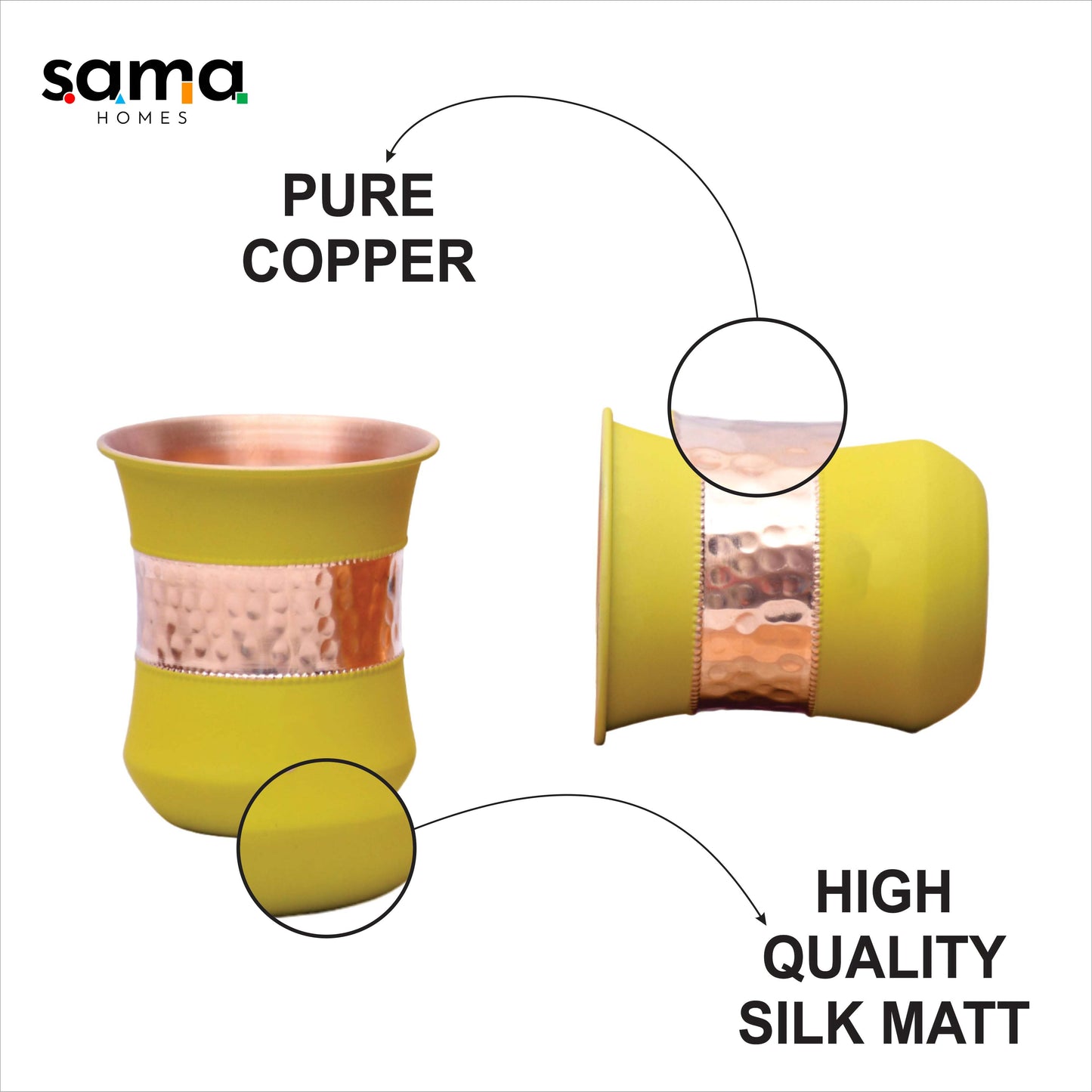 Pure Copper Water Glass Set of 2 Silk Yellow Half Hammered Damru Tumbler Capacity 300ML - Sama Homes