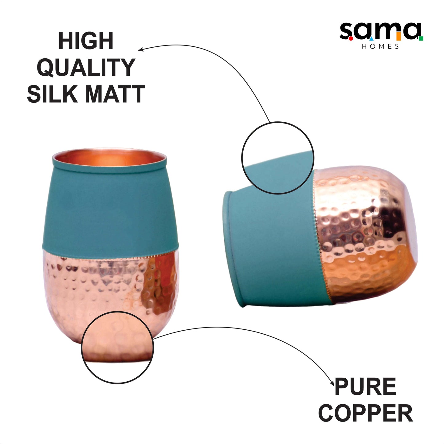 Pure Copper Water Glass Set of 2 Silk Green Half Hammered Dholak Tumbler Capacity 250ML - Sama Homes