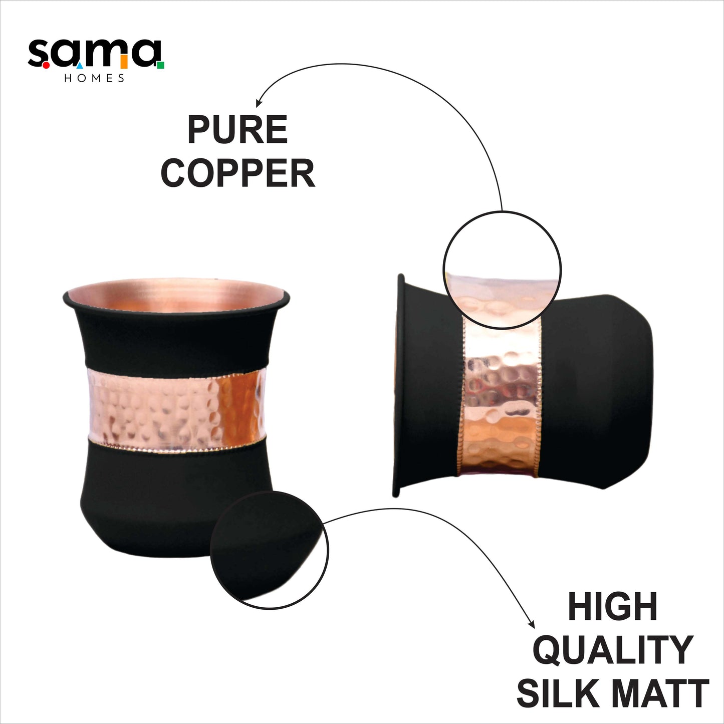 Pure Copper Water Glass Set of 2 Silk Black Half Hammered Damru Tumbler Capacity 300ML - Sama Homes