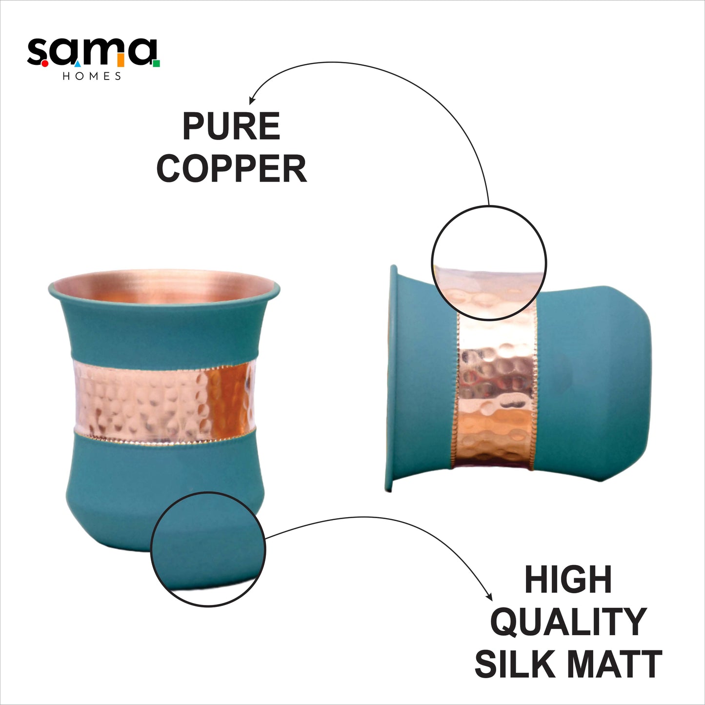 Pure Copper Water Glass Set of 2 Silk Green Half Hammered Damru Tumbler Capacity 300ML - Sama Homes