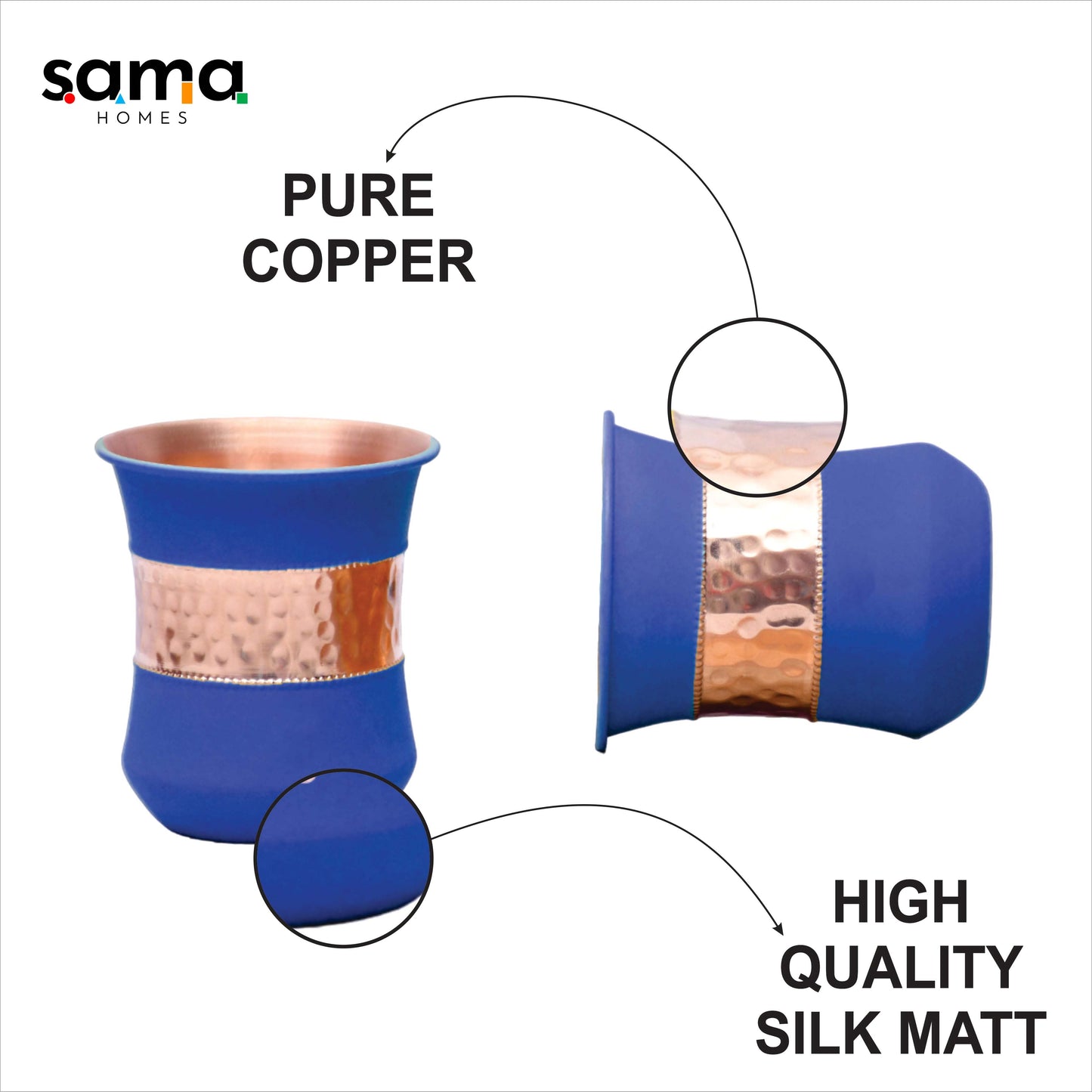 Pure Copper Water Bottle |Silk Blue Half Hammered with 2 Dholak Glasses| ( Set of 3 ) Capacity 1450 ML - Sama Homes