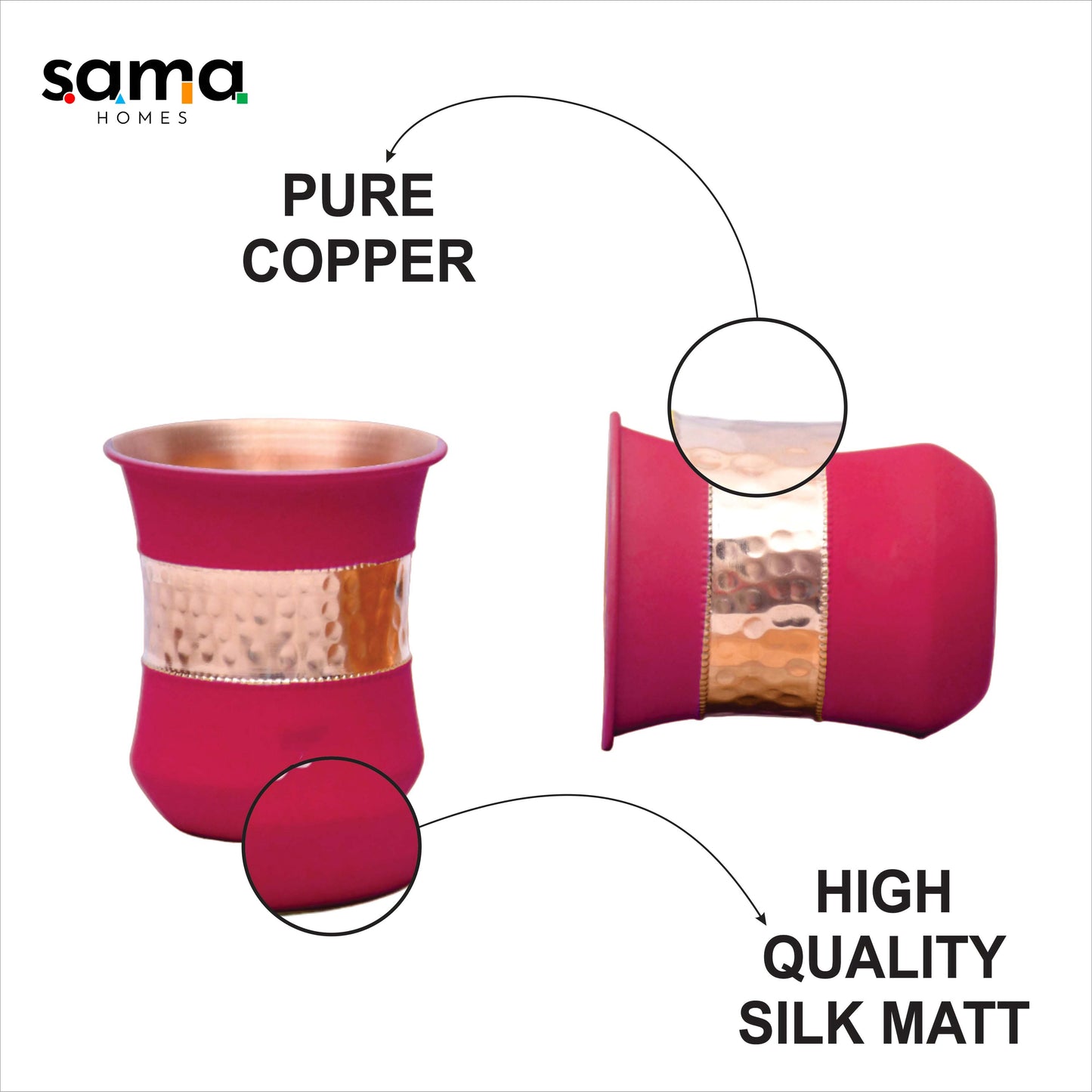 Pure Copper Water Glass Set of 2 Silk Red Cherry Half Hammered Damru Tumbler Capacity 300ML - Sama Homes