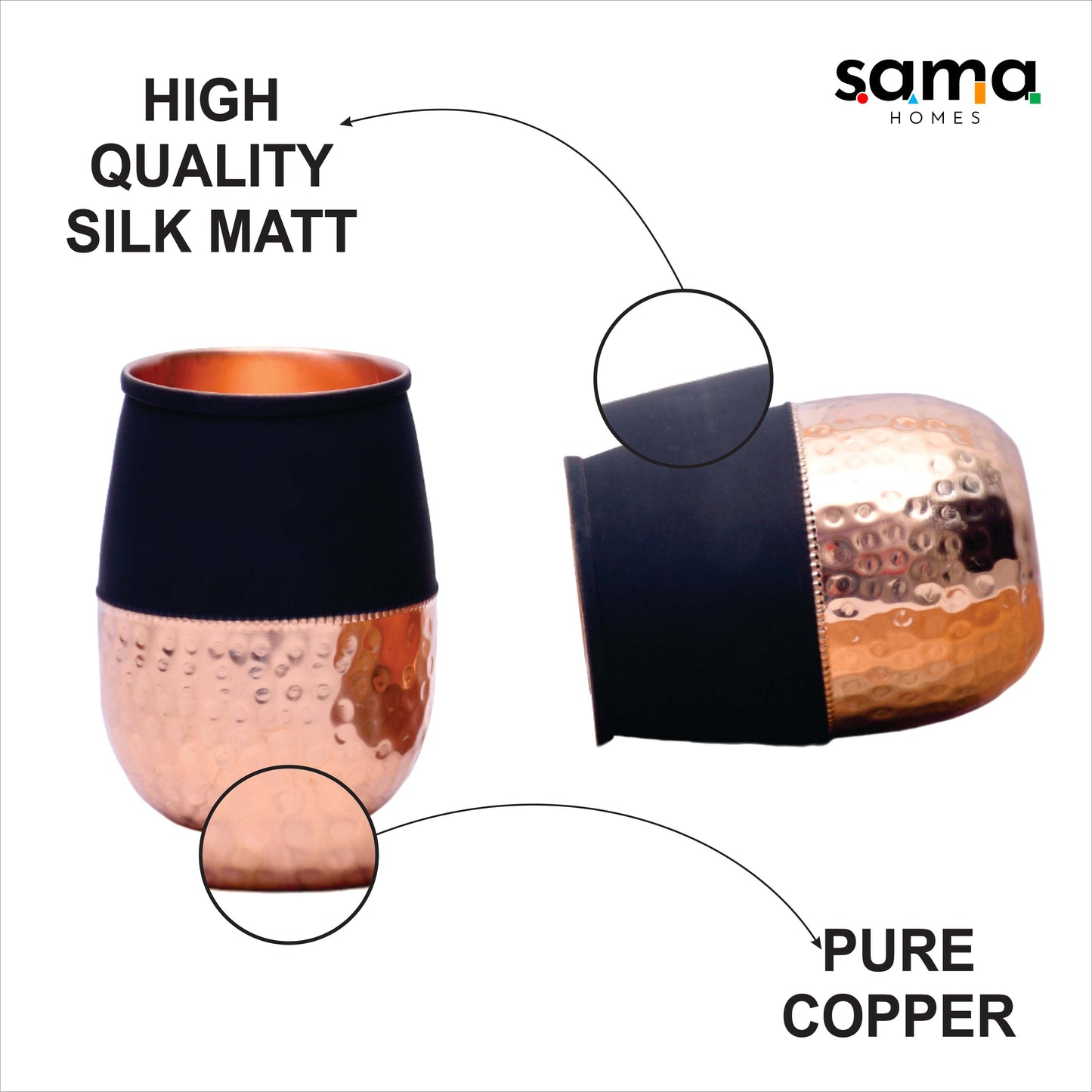 Pure Copper Water Glass Set of 2 Silk Black Half Hammered Dholak Tumbler Capacity 250ML - Sama Homes
