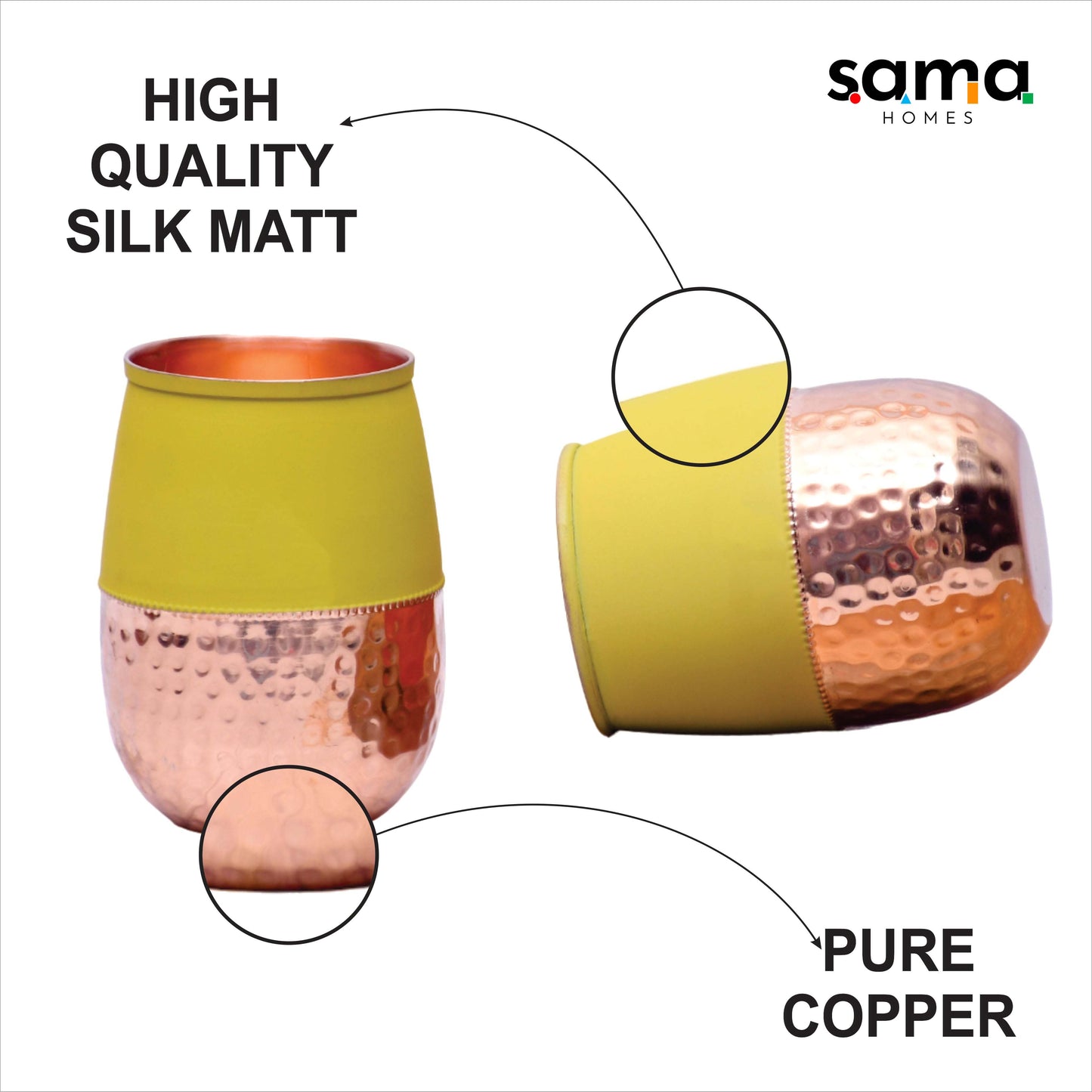 Pure Copper Water Glass Set of 2 Silk Yellow Half Hammered Dholak Tumbler Capacity 250ML - Sama Homes