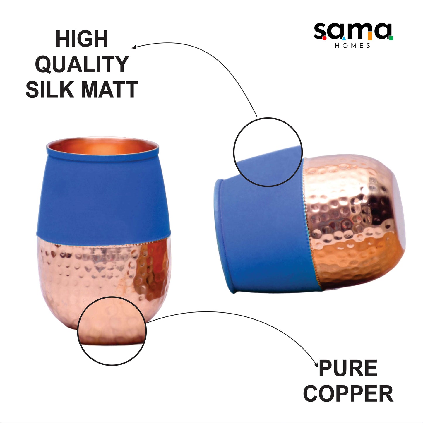 Pure Copper Water Glass Set of 2 Silk Blue Half Hammered Dholak Tumbler Capacity 250ML - Sama Homes