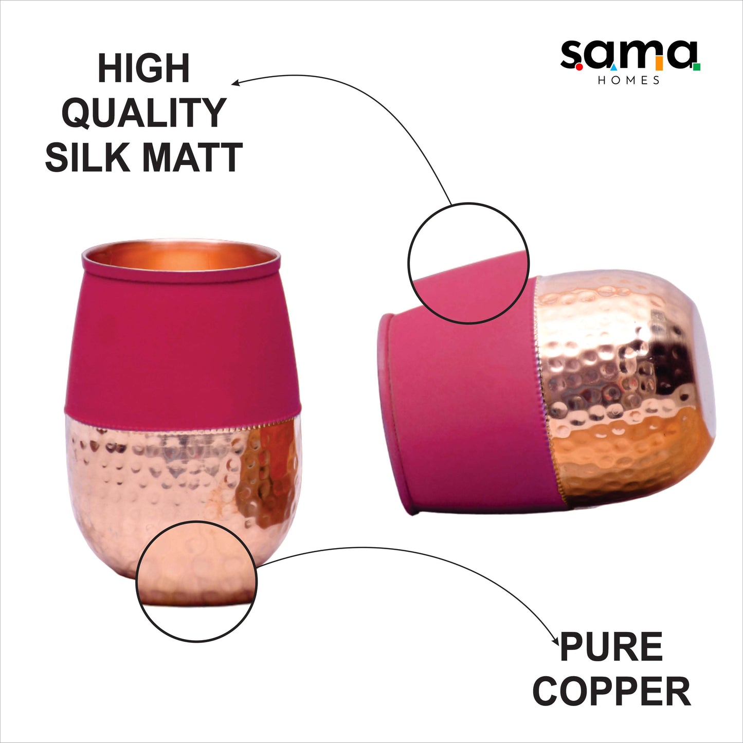 Pure Copper Water Glass Set of 2 Silk Red Cherry Half Hammered Dholak Tumbler Capacity 250ML - Sama Homes