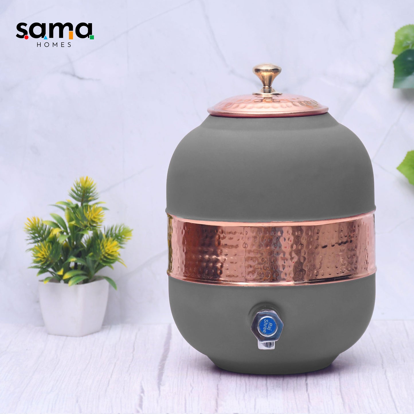 Pure Copper Water Dispenser with Silk Finish and Half Hammered Design 5 & 8 Liter | Colours Available - Red, Blue, Green, Yellow, Black, Gray - Sama Homes
