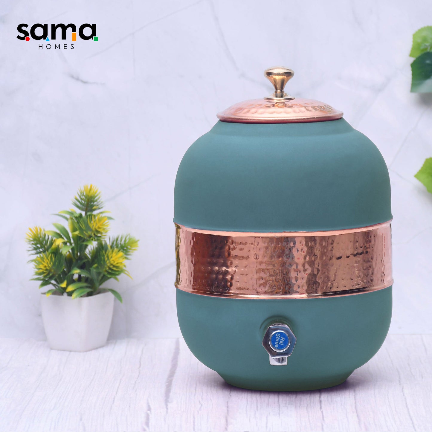 Pure Copper Water Dispenser with Silk Finish and Half Hammered Design 5 & 8 Liter | Colours Available - Red, Blue, Green, Yellow, Black, Gray - Sama Homes