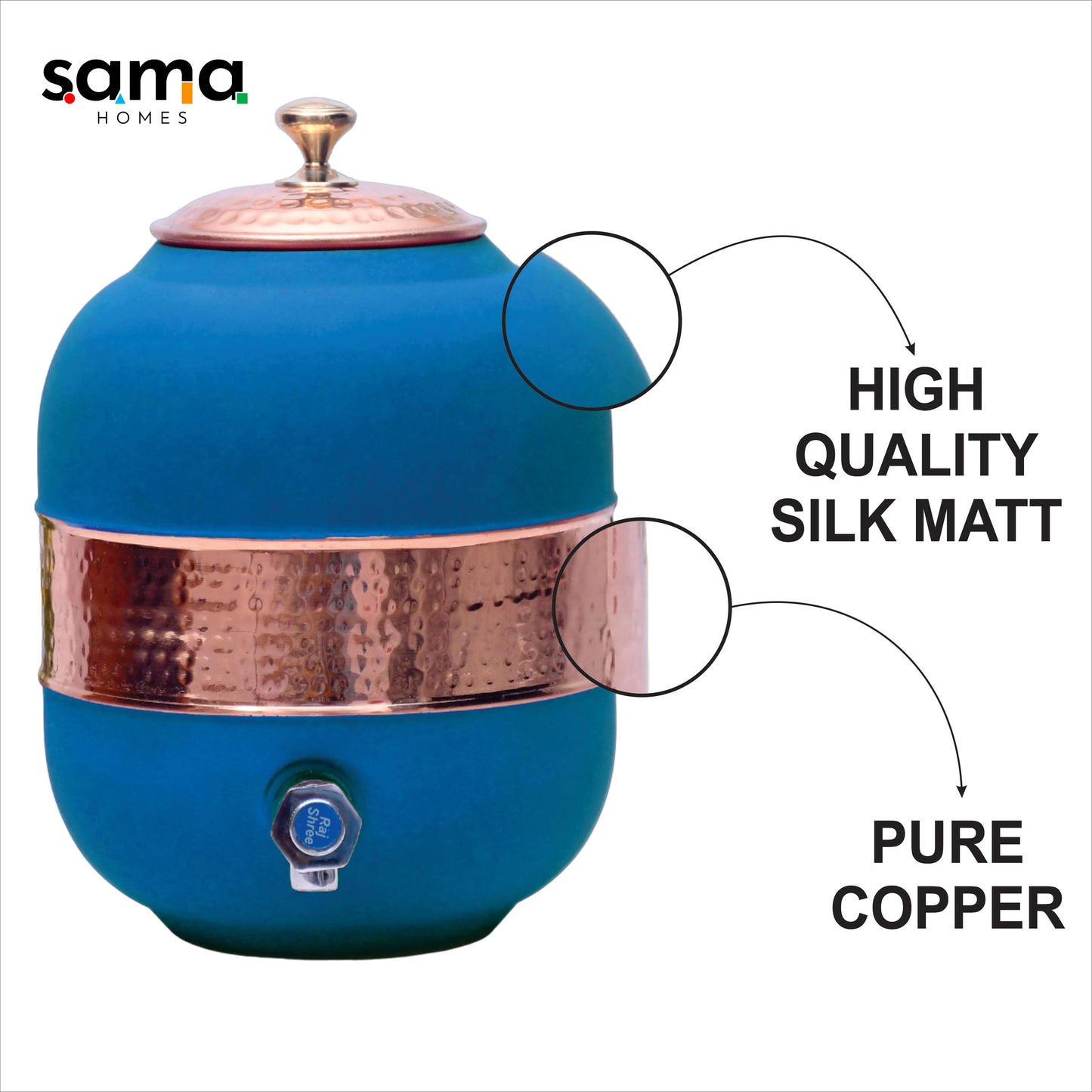 Pure Copper Water Dispenser with Silk Finish and Half Hammered Design 5 & 8 Liter | Colours Available - Red, Blue, Green, Yellow, Black, Gray - Sama Homes