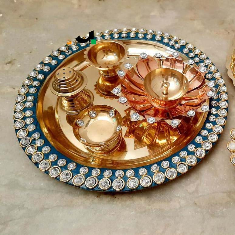 Exclusive Blue Meenakari Crystal Pooja Thali Set of 5 - Sama Homes
