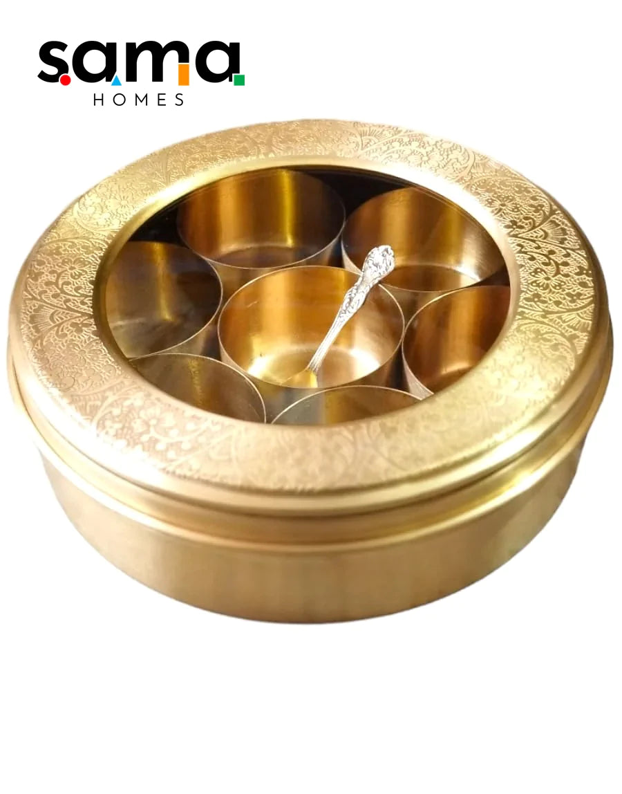 Brass Masala Box With Glass Cover Set for Kitchen with Spoon | Spice Organiser - Sama Homes