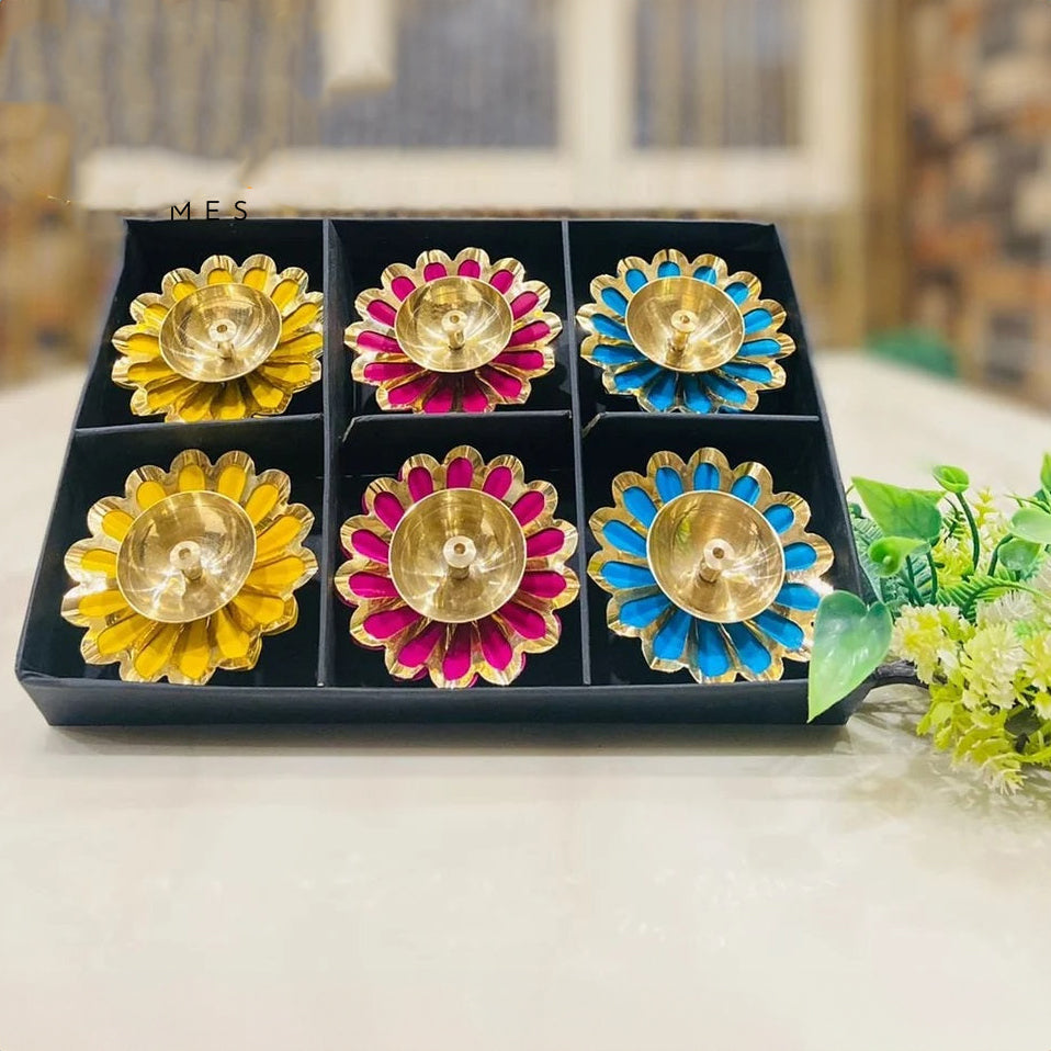 Sun Flower Shape Antique Brass Diwali Diya Set of 6 , For Temple Pooja Diwali Special - Sama Homes