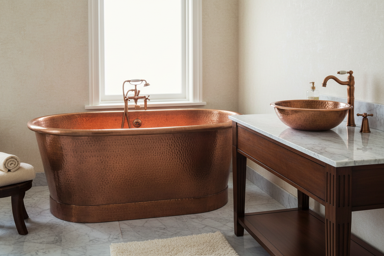 Freestanding Hand-Hammered Copper Bathtub with Antique Bronze Finish in a Modern Luxury Bathroom