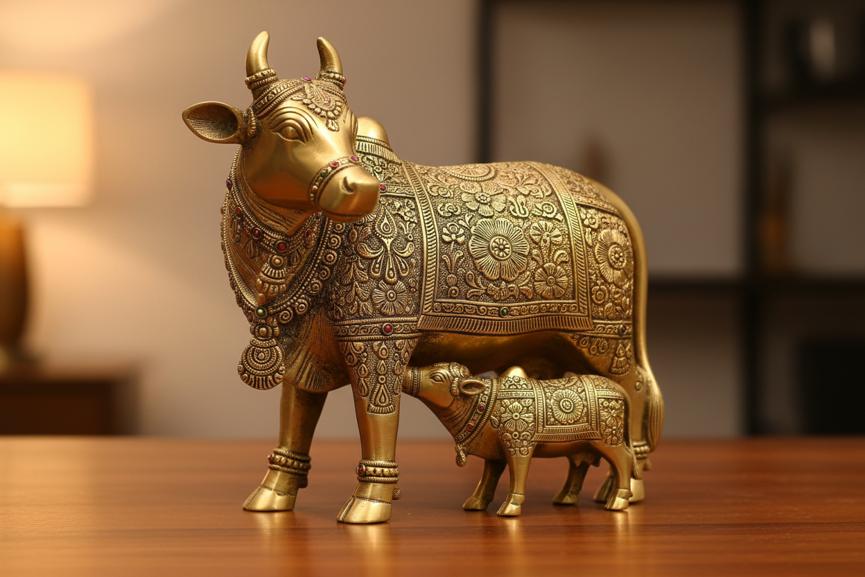 Kamdhenu Cow & Calf – Divine Brass Decor for Prosperity | Sama Homes