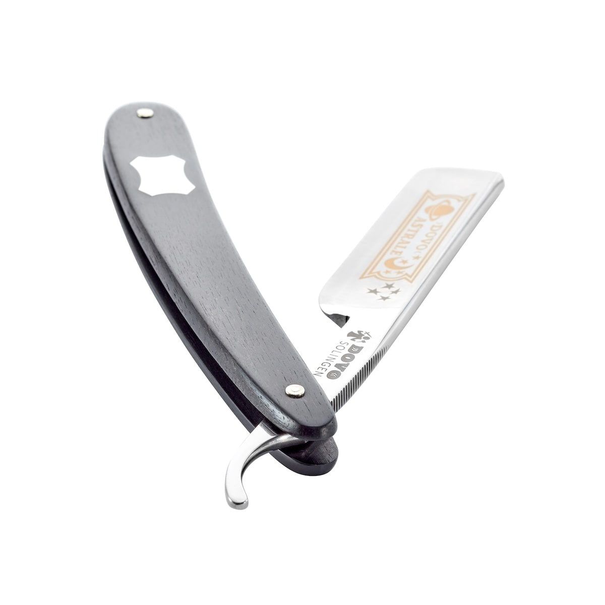 Dovo Straight Razor, "Astrale" 5/8", Carbon Steel, Half Hollow Grind, Black Ebony Wood Handle with Engraving Plate