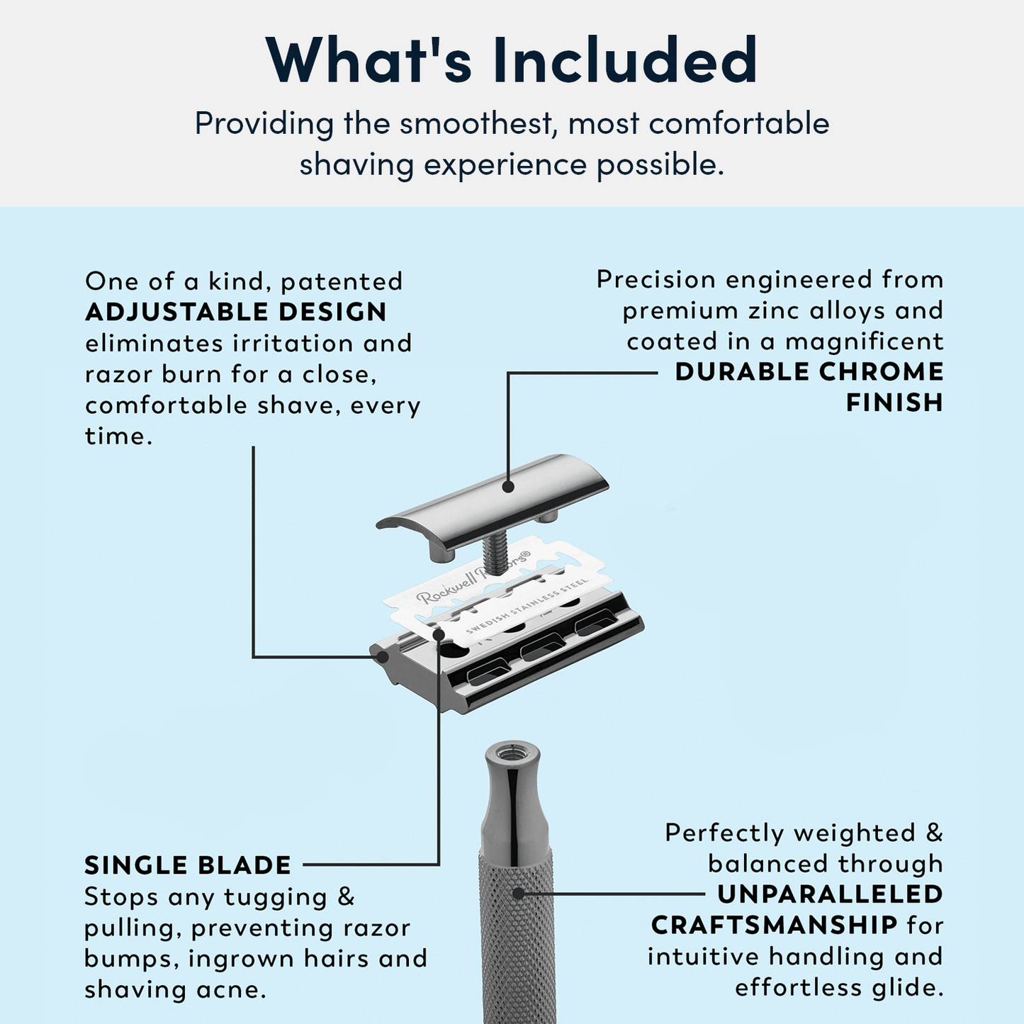 Rockwell 2C Adjustable DE Safety Razor - White Chrome (2 Settings)