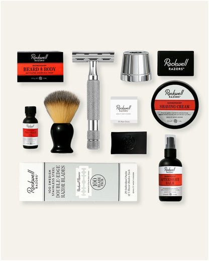 Collection of Rockwell Razors and grooming products on a white background