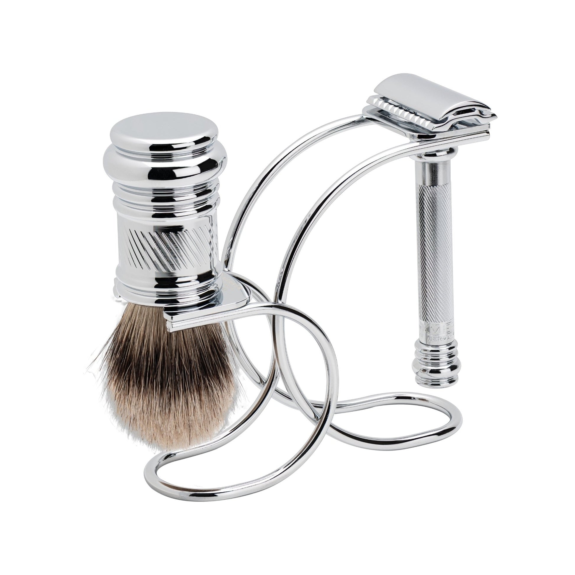 Merkur Shaving Set with MK-38001 Razor, Silver Tip Badger Brush and Curved 3-piece Stand, Chrome by Merkur - Gift Sets & Kits (View 3)