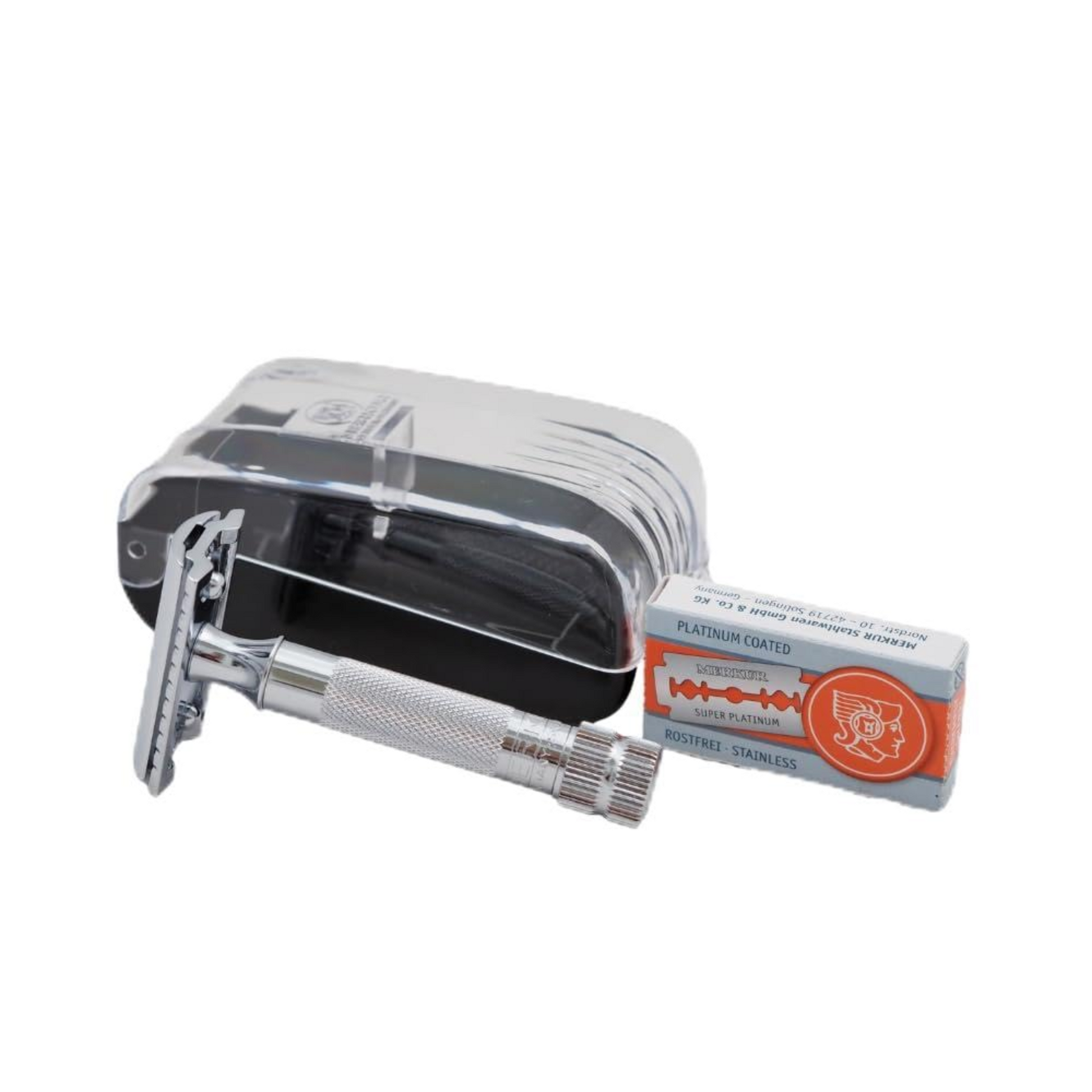 Merkur 34C 2-Piece DE Safety Razor, Closed Comb, Knurled Extra Thick Handle (HD), Chrome, in Hard Plastic Case with 10 Blades - Image 2